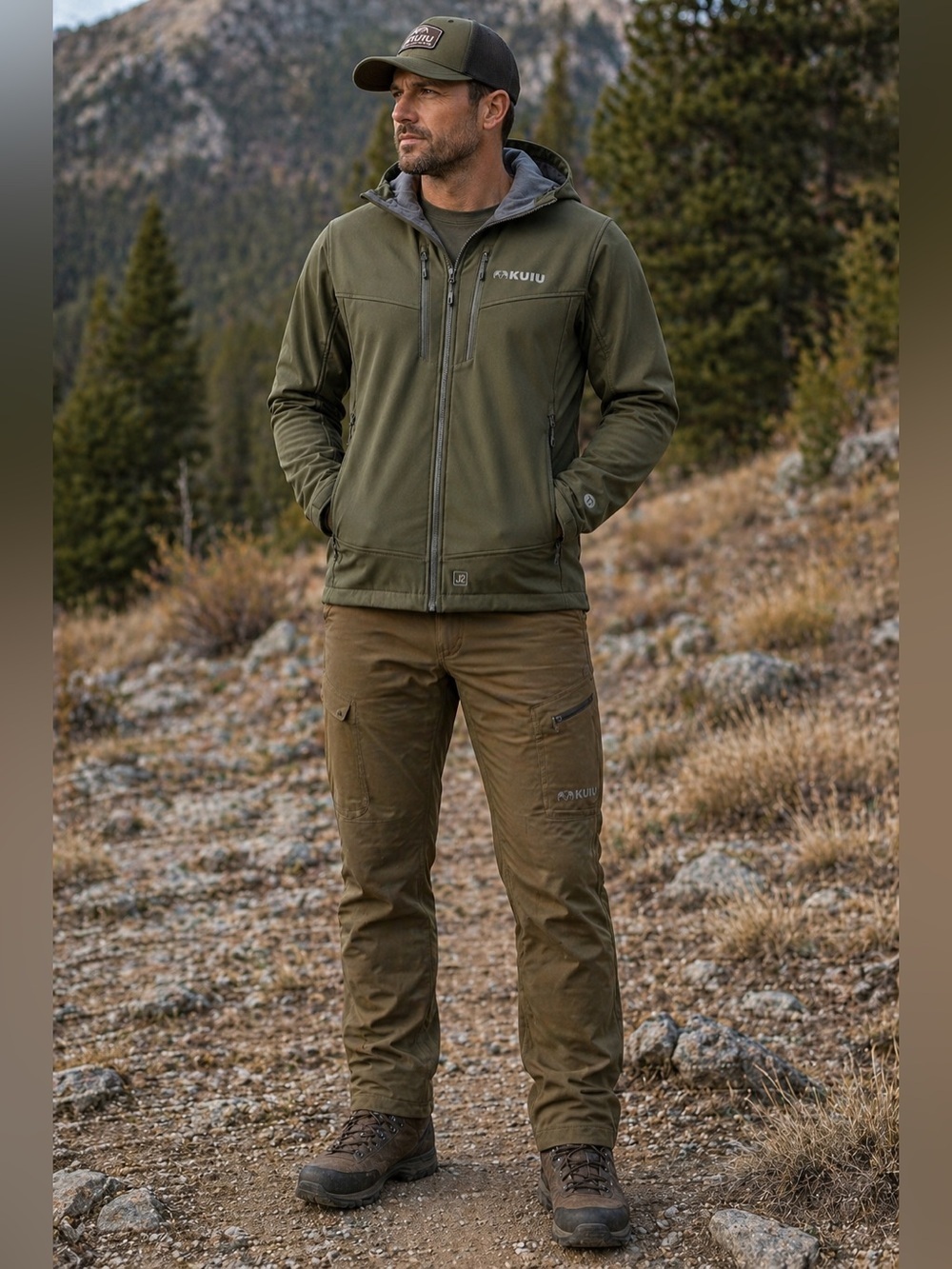 KUIU Olive Green Softshell Hooded Hunting Performance Jacket